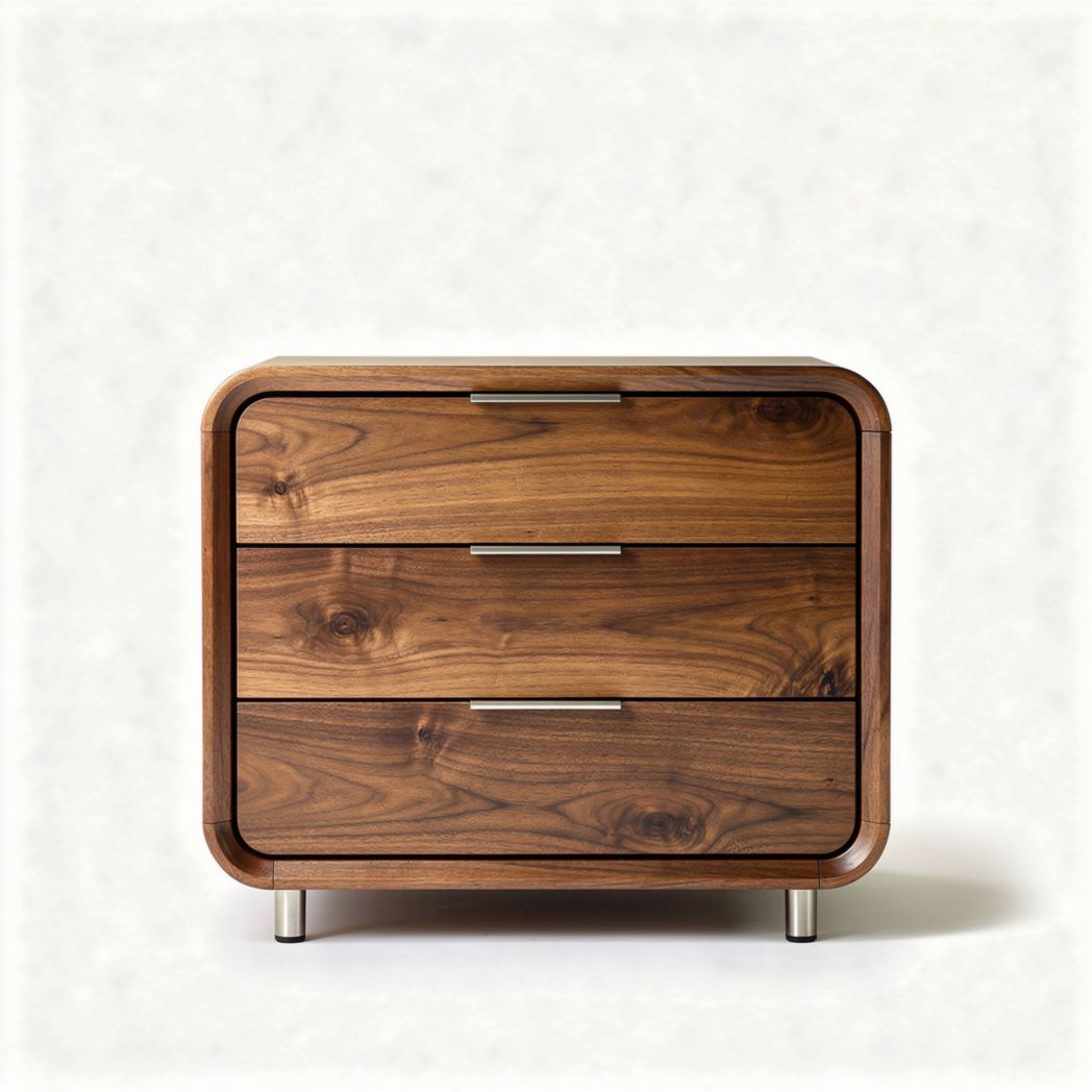 Commode en bois de noyer avec trois tiroirs et pieds en métal 50 x 45 x 40cm