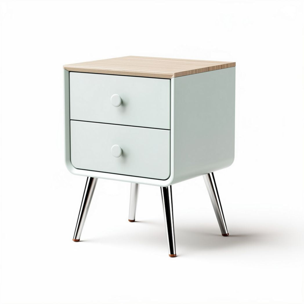 Table de chevet en bois avec deux tiroirs couleur vert pastèque et pieds en métal 40 x 40 x 50cm
