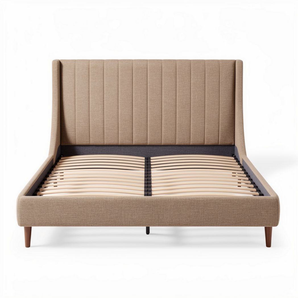 Lit en tissu beige avec tête de lit rembourrée et sommier à lattes 200 x 160 x 100cm