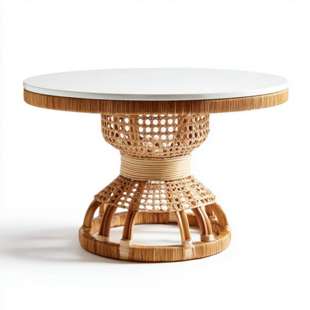 Table ronde en rotin avec plateau en verre 80 x 80 x 75cm couleur naturelle