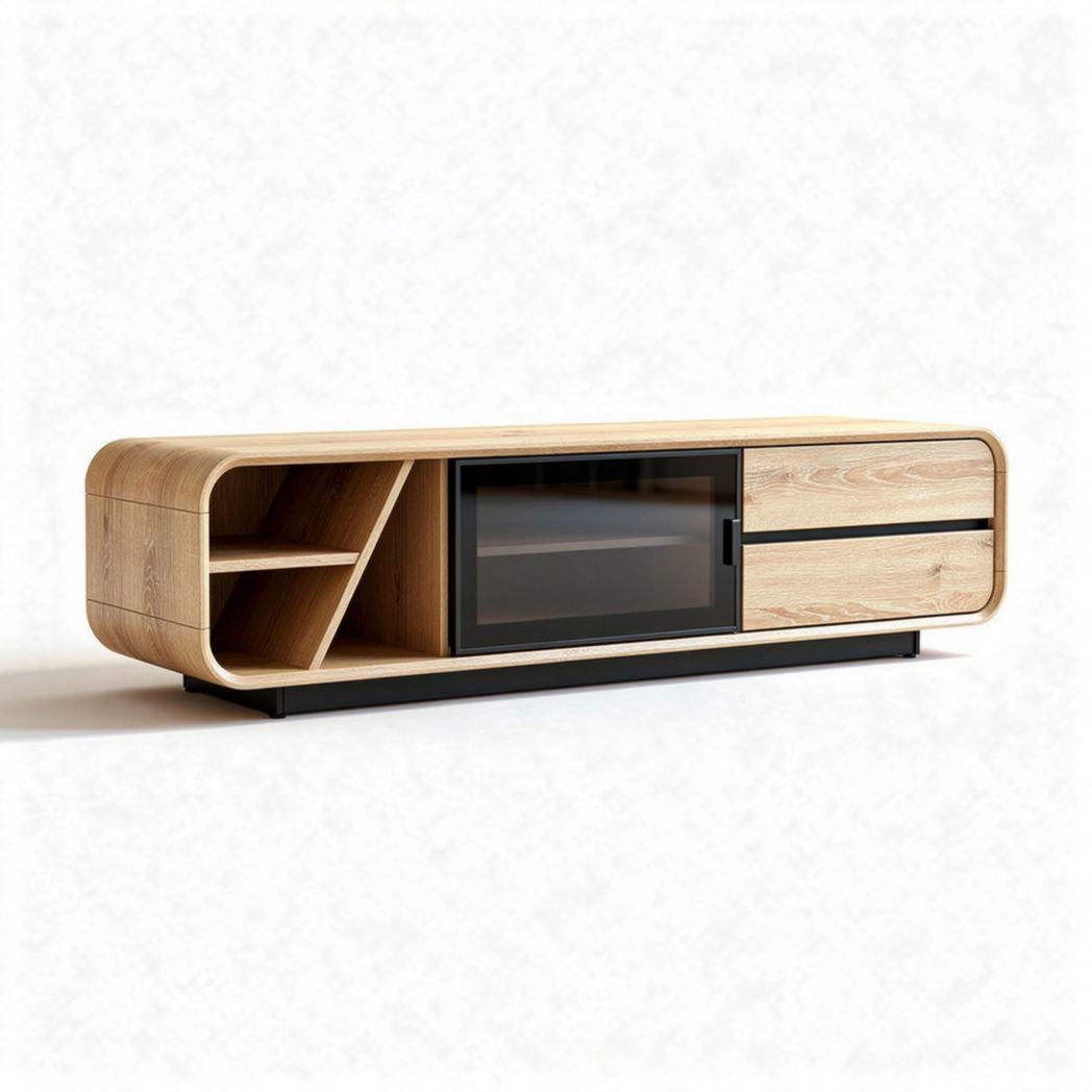 Meuble TV en bois blanc laqué avec éclairage LED 160 x 40 x 45cm