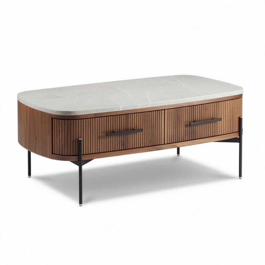 Table basse ovale en marbre blanc et doré avec tiroir 120 x 60 x 45cm